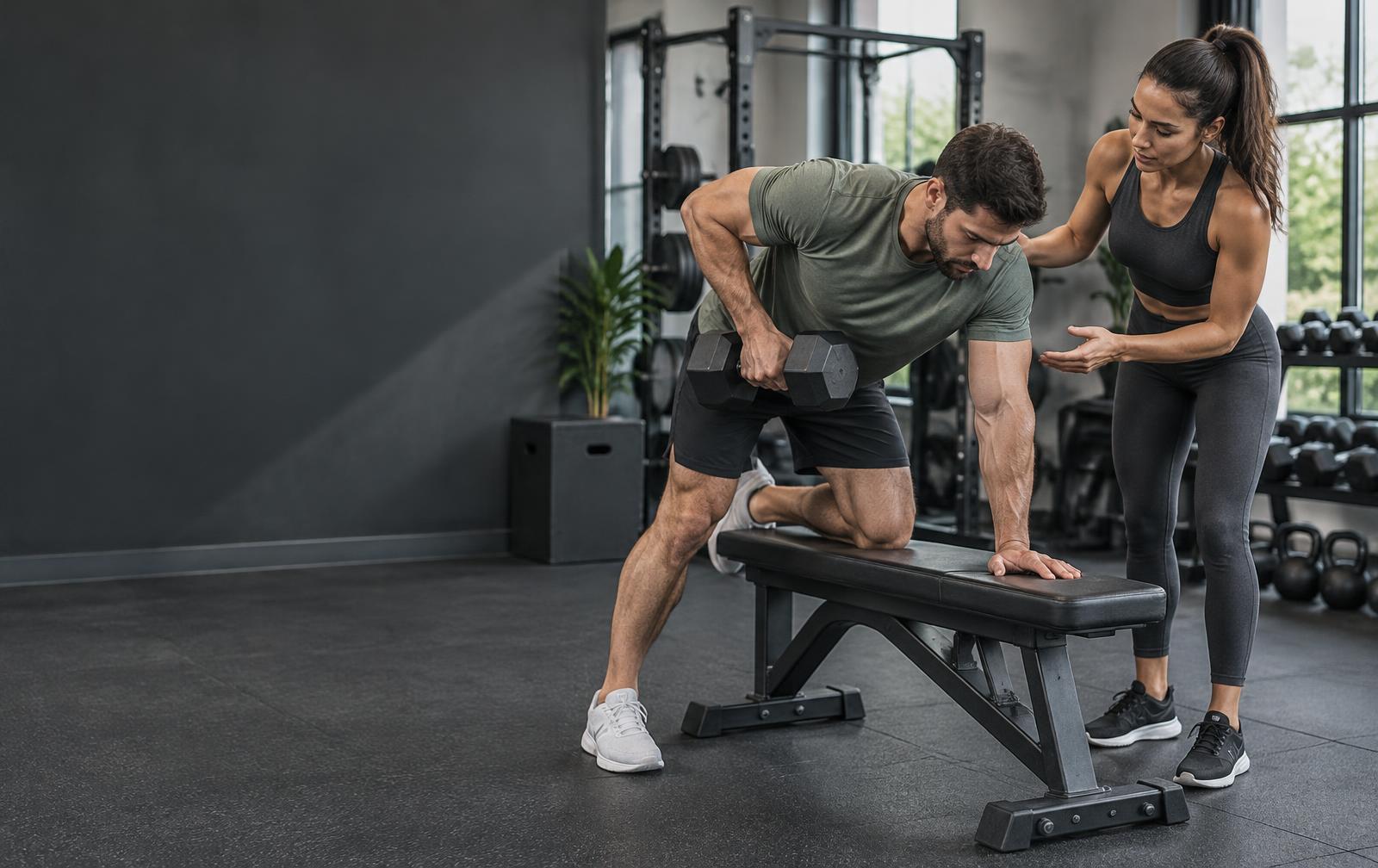 A coach guiding a trainee through a dumbbell row in the gym